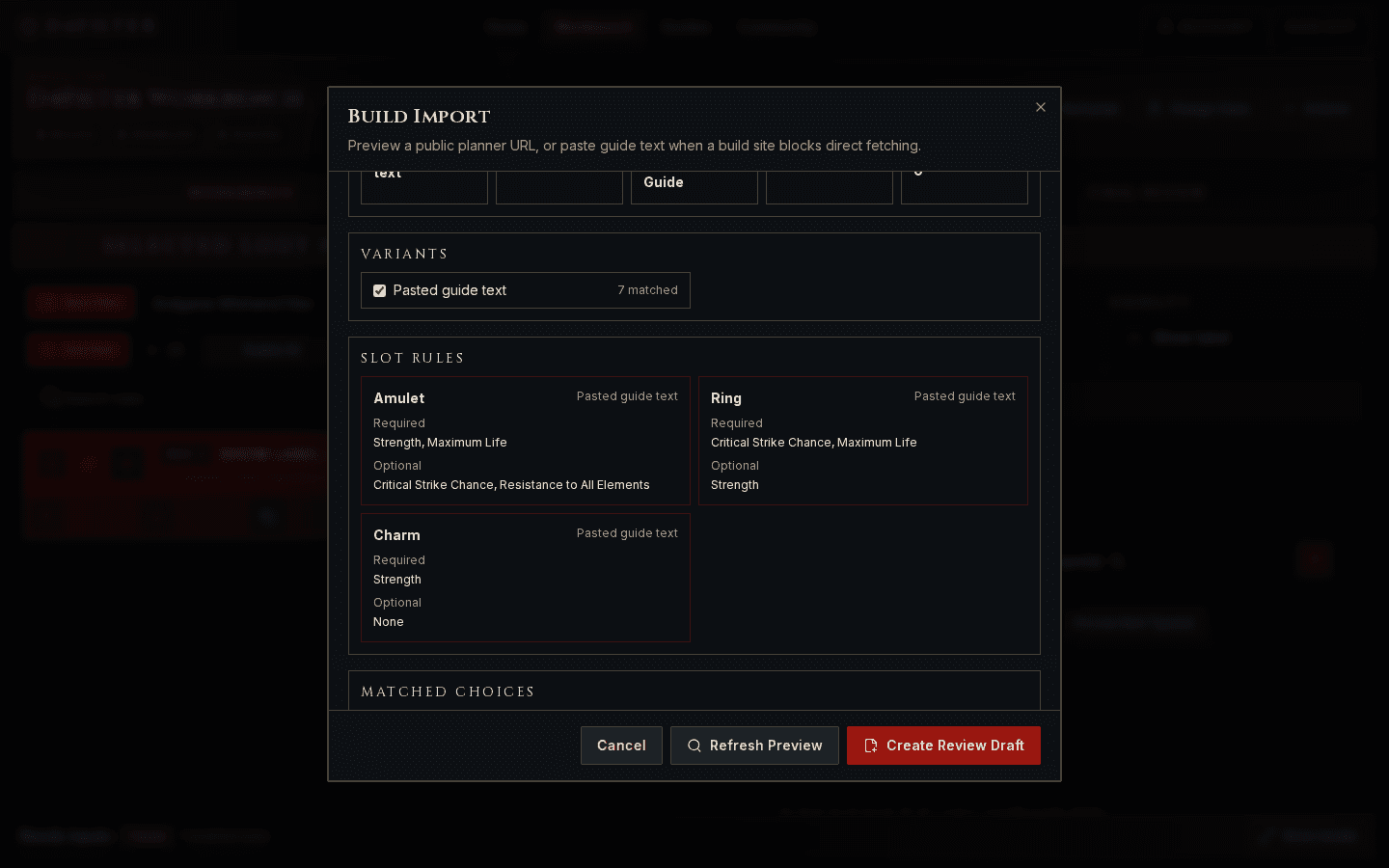 D4Filter Build Import preview showing gear-slot rules from a Diablo 4 build guide